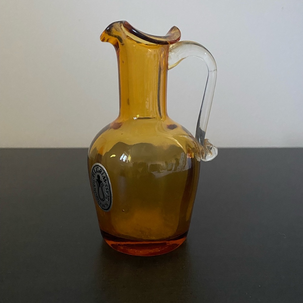 Pilgrim Handblown Glass Amber Mini Pitcher With Clear Applied Handle 4.5 Inches